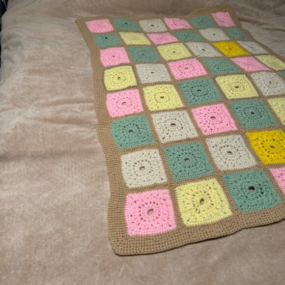 Vintage Blue Crochet Afghan Handmade Boho Chic Granny Squares 61” x 46” - Picture 5 of 7